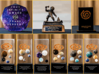 Samples of our 60th Anniversary Nebula Awards Ceremony awards: the 2025 Infinity Award for Frank Herbert, the Ray Bradbury Award for Dune: Part II, the Service to SFWA for C.J. Lavigne, and Nebula Awards for A.W. Prihandita, Isabel J. Kim, Vanessa Ricci-Thode, A Death in Hyperspace, John Wiswell, and A.D. Sui.