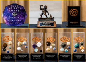 Nebula Awards Samples of our 60th Anniversary Nebula Awards Ceremony awards: the 2025 Infinity Award for Frank Herbert, the Ray Bradbury Award for Dune: Part II, the Service to SFWA for C.J. Lavigne, and Nebula Awards for A.W. Prihandita, Isabel J. Kim, Vanessa Ricci-Thode, A Death in Hyperspace, John Wiswell, and A.D. Sui.
