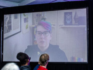 Nebula Award Winner M. Darusha Wehm, delivering their part of the team&#039;s acceptance speech online at the 60th Anniversary Nebula Awards Ceremony. (Photo Credit: Kaitrin Acuna, 2025.)