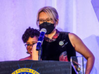 Nebula Award Winner Jingjing Xiao, delivering part of the team&#039;s acceptance speech online at the 60th Anniversary Nebula Awards Ceremony. (Photo Credit: Kaitrin Acuna, 2025.)