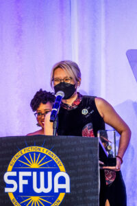 Nebula Award Winner Jingjing Xiao, delivering part of the team&#039;s acceptance speech online at the 60th Anniversary Nebula Awards Ceremony. (Photo Credit: Kaitrin Acuna, 2025.)