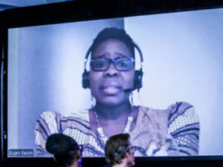 Kate Wilhelm Solstice Award Recipient Eugen Bacon delivers her acceptance speech online. (Photo Credit: Kaitrin Acuna, 2025.)
