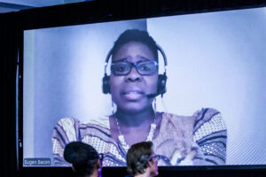 Kate Wilhelm Solstice Award Recipient Eugen Bacon delivers her acceptance speech online. (Photo Credit: Kaitrin Acuna, 2025.)