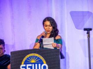 Nebula Award Winner A. W. Prihandita, giving her acceptance speech. (Photo Credit: Kaitrin Acuna, 2025.)