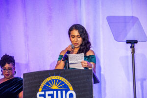Nebula Award Winner A. W. Prihandita, giving her acceptance speech. (Photo Credit: Kaitrin Acuna, 2025.)