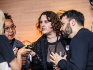 It&#039;s a game writers jamboree! Nebula Finalists Jingjing Xiao, Remy Siu, Abby Howard, Tony Howard-Arias, and Paul Dean share an excited moment at our 60th Anniversary Nebula Awards Conference. (Photo Credit: Kaitrin Acuna, 2025.)