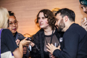 It&#039;s a game writers jamboree! Nebula Finalists Jingjing Xiao, Remy Siu, Abby Howard, Tony Howard-Arias, and Paul Dean share an excited moment at our 60th Anniversary Nebula Awards Conference. (Photo Credit: Kaitrin Acuna, 2025.)
