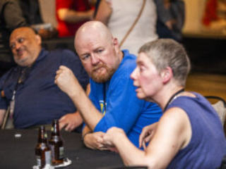 Nebula Finalist Ray Nayler shares a conversation with Grand Master Nicola Griffith. (Photo Credit: Kaitrin Acuna, 2025.)