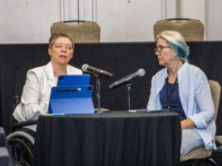 SFWA Grand Master Nicola Griffith, in a special conversation led by fellow author and wife Kelley Eskridge. (Photo Credit: Kaitrin Acuna, 2025.)