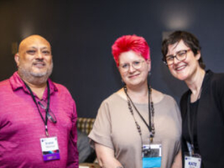 Nebula attendee Shahid Mahmud with Nebula Ceremony Planner Rebekah Postupak and SFWA President Kate Ristau. (Photo Credit: Kaitrin Acuna, 2025.)