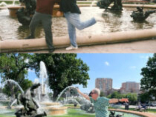 Top: Scott Edelman and Walter Jon Williams prancing around a Kansas City fountain the last time the Nebulas were handed out there, in 1997.  Bottom: 28 years later, Scott Edelman attempts to replicate the pose around the same fountain, only a few streets from the hotel. (Photo Credit: Scott Edelman, 2025.)