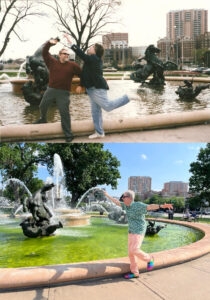 60th Nebulas - Memories Top: Scott Edelman and Walter Jon Williams prancing around a Kansas City fountain the last time the Nebulas were handed out there, in 1997. Bottom: 28 years later, Scott Edelman attempts to replicate the pose around the same fountain, only a few streets from the hotel. (Photo Credit: Scott Edelman, 2025.)